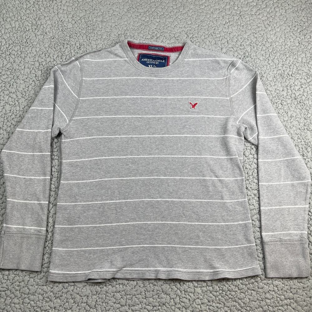 American Eagle Men's Waffle Knit Thermal Shirt Striped Long Sleeve Crewneck XL